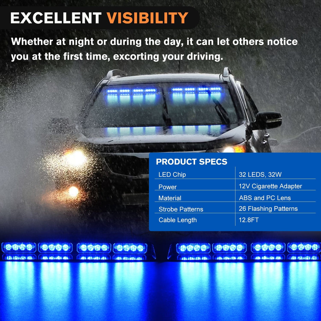 led strobe light 32LED Blue Emergency Dash Strobe Lights with Controller Suction Cups