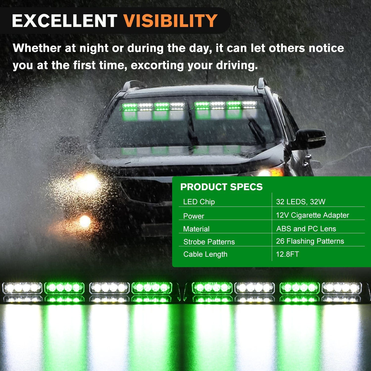 led strobe light 32LED Green White Emergency Dash Strobe Lights with Controller Suction Cups