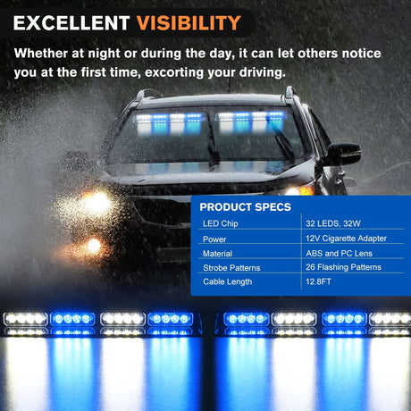 led strobe light 32LED Blue White Emergency Dash Strobe Lights with Controller Suction Cups