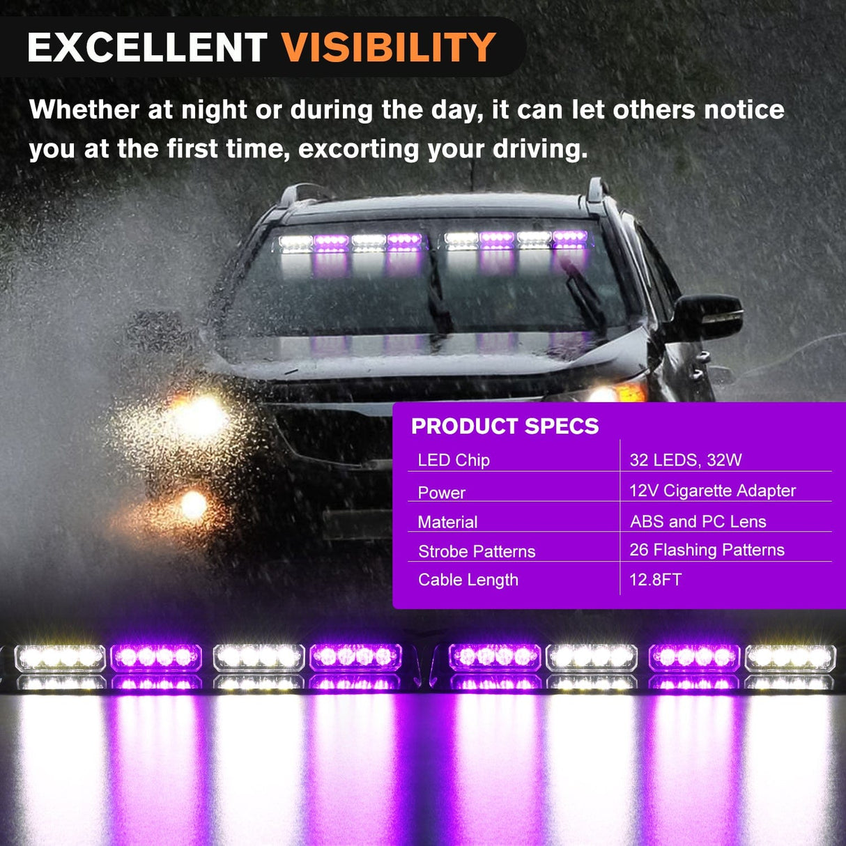 led strobe light 32LED Purple White Emergency Dash Strobe Lights with Controller Suction Cups