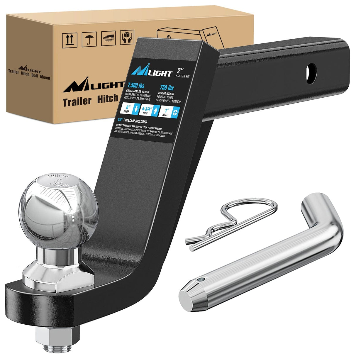 Trailer Hitch Trailer Hitch Ball Mount 2In Trailer Ball 5/8In Hitch Pin Clip Fits 2Inch Receiver Square 7500 lbs 6In Drop, 4-3/4In Rise, 1¡± Hole, Gloss Black Powder Coat