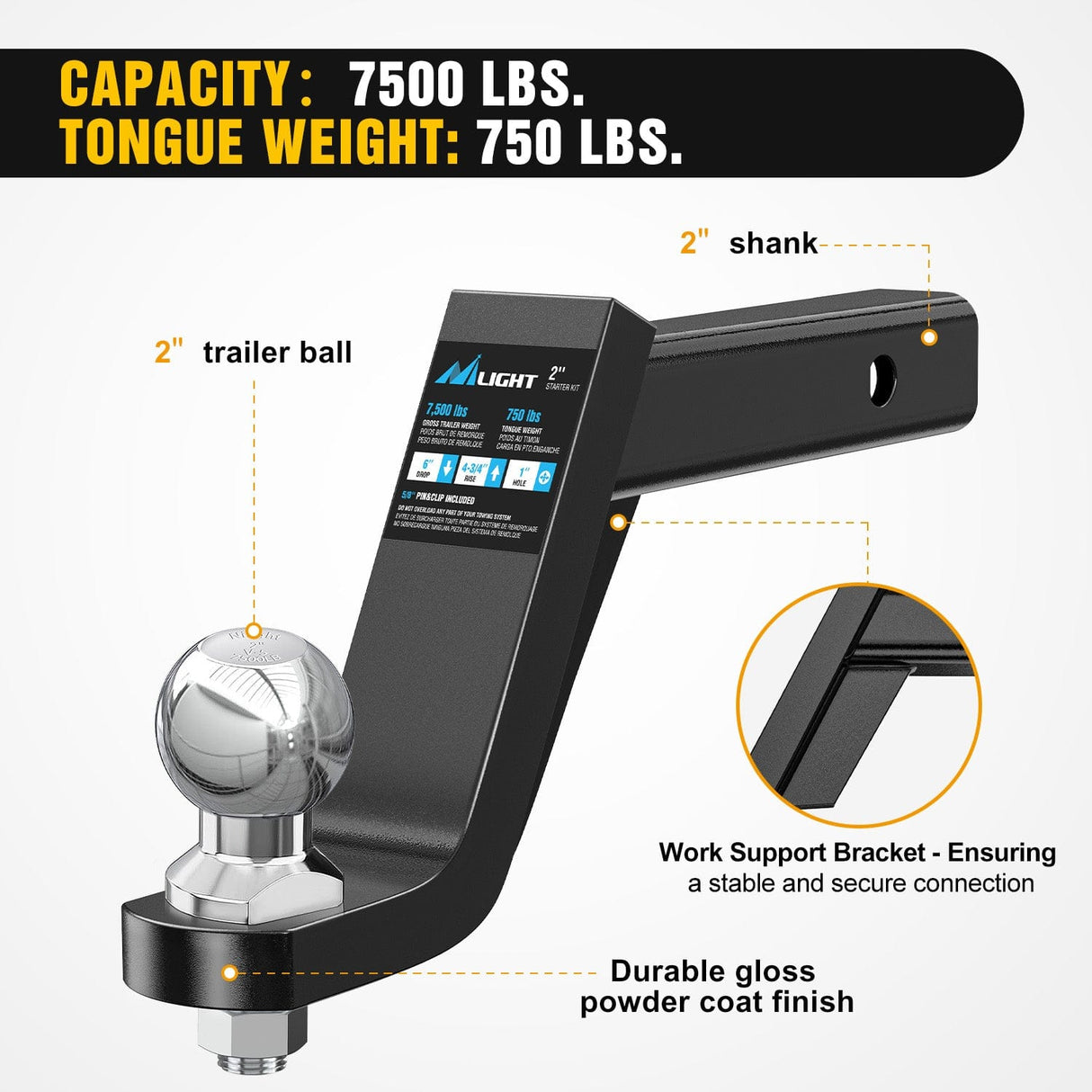 Trailer Hitch Trailer Hitch Ball Mount 2In Trailer Ball 5/8In Hitch Pin Clip Fits 2Inch Receiver Square 7500 lbs 6In Drop, 4-3/4In Rise, 1¡± Hole, Gloss Black Powder Coat