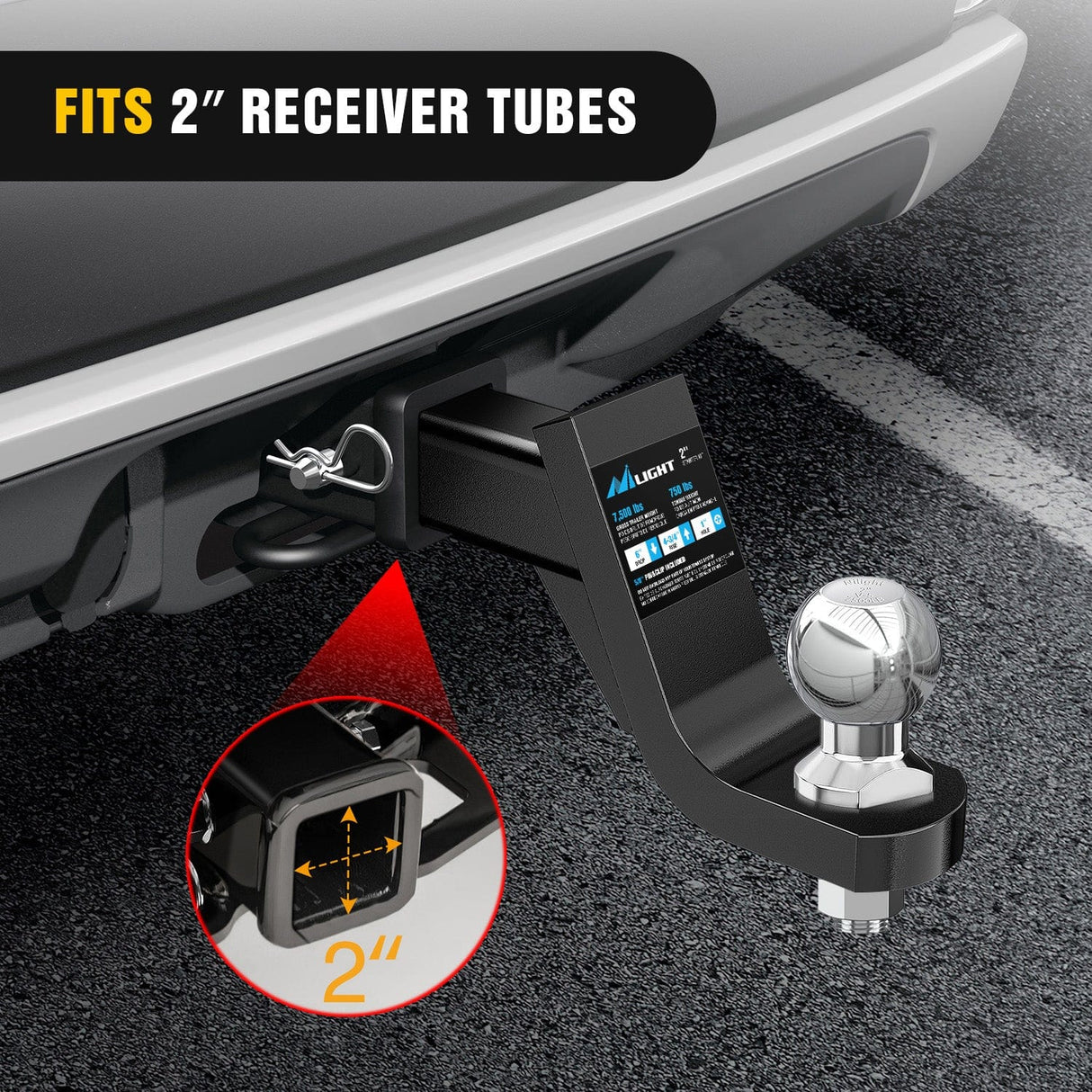 Trailer Hitch Trailer Hitch Ball Mount 2In Trailer Ball 5/8In Hitch Pin Clip Fits 2Inch Receiver Square 7500 lbs 6In Drop, 4-3/4In Rise, 1¡± Hole, Gloss Black Powder Coat