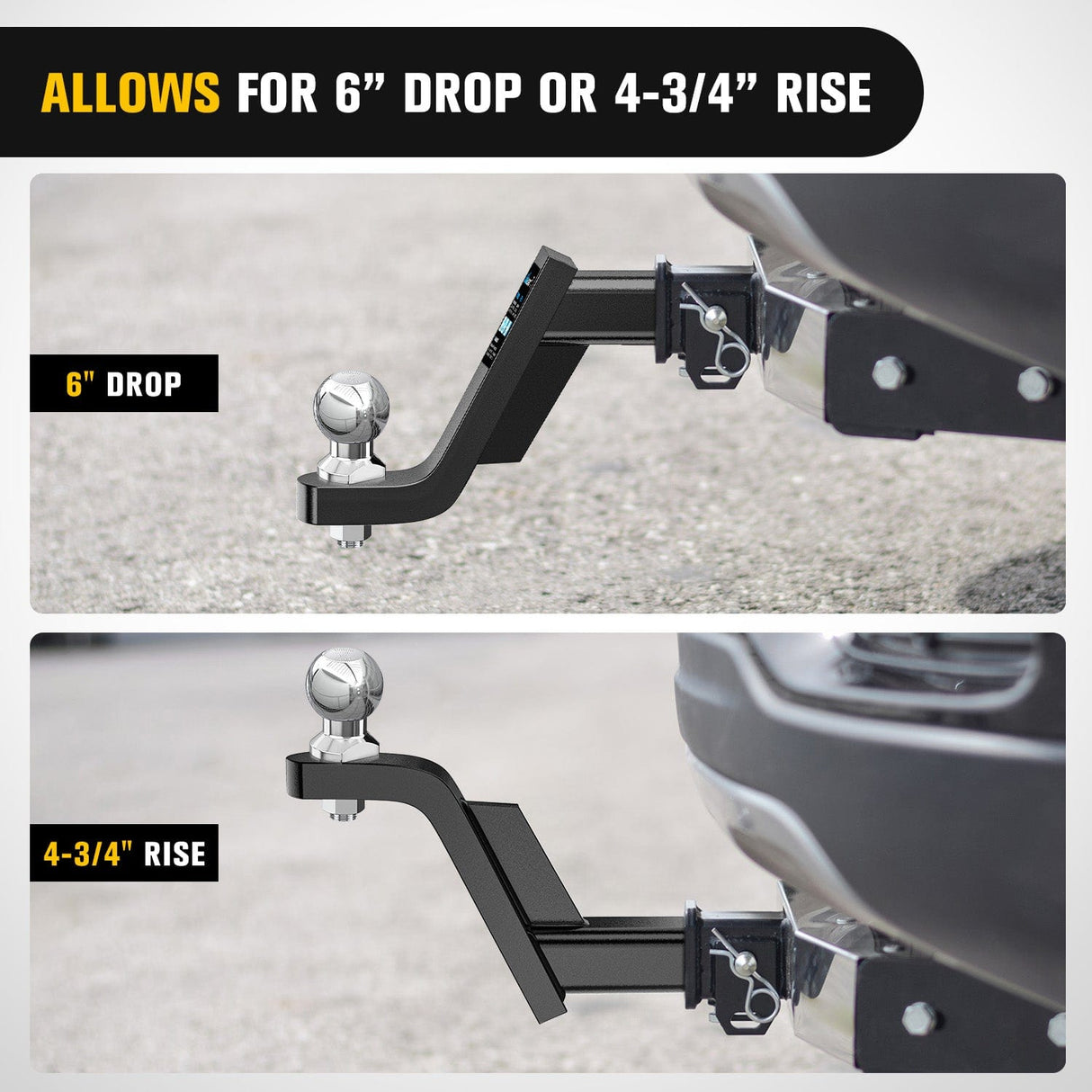 Trailer Hitch Trailer Hitch Ball Mount 2In Trailer Ball 5/8In Hitch Pin Clip Fits 2Inch Receiver Square 7500 lbs 6In Drop, 4-3/4In Rise, 1¡± Hole, Gloss Black Powder Coat