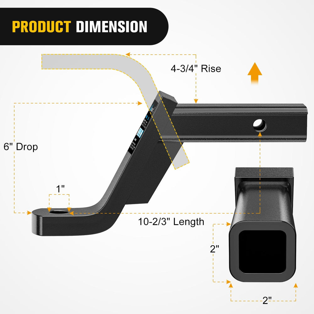 Trailer Hitch Trailer Hitch Ball Mount with 5/8in Hitch Pin Clip Fits 2In Receiver Square 6in Drop 4-3/4in Rise 1in Hole Gloss Black Powder Coat