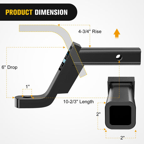 Trailer Hitch Trailer Hitch Ball Mount with 5/8in Hitch Pin Clip Fits 2In Receiver Square 6in Drop 4-3/4in Rise 1in Hole Gloss Black Powder Coat