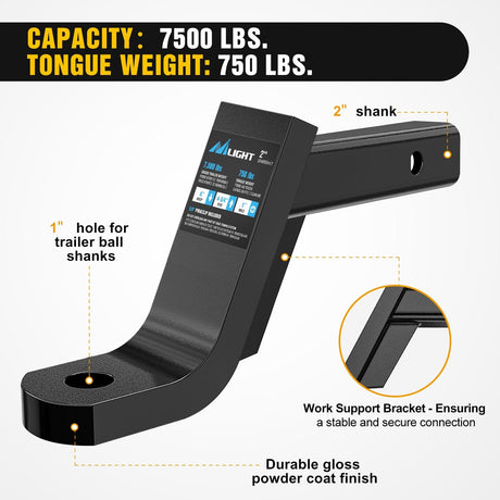 Trailer Hitch Trailer Hitch Ball Mount with 5/8in Hitch Pin Clip Fits 2In Receiver Square 6in Drop 4-3/4in Rise 1in Hole Gloss Black Powder Coat