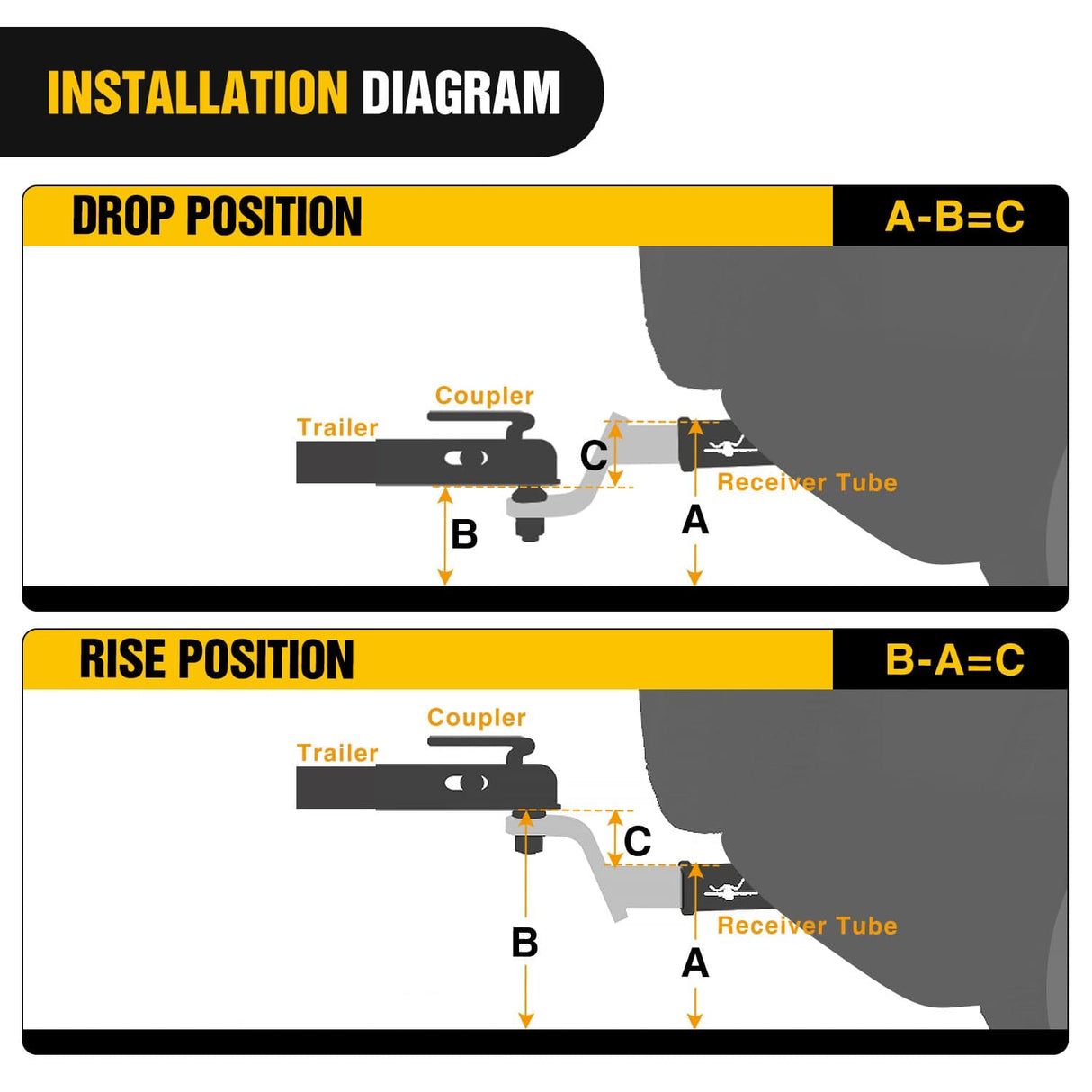 Trailer Hitch Trailer Hitch Ball Mount with 5/8in Hitch Pin Clip Fits 2In Receiver Square 6in Drop 4-3/4in Rise 1in Hole Gloss Black Powder Coat