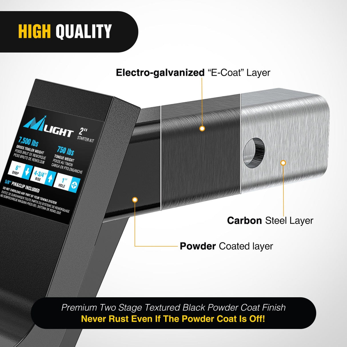 Trailer Hitch Trailer Hitch Ball Mount with 5/8in Hitch Pin Clip Fits 2In Receiver Square 6in Drop 4-3/4in Rise 1in Hole Gloss Black Powder Coat