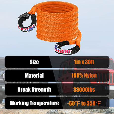 Tie Down Straps 1in x 30ft Kinetic Recovery Rope 33000LBS