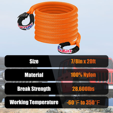 Tie Down Straps 7/8in x 20ft Kinetic Recovery Rope 28,600LBS