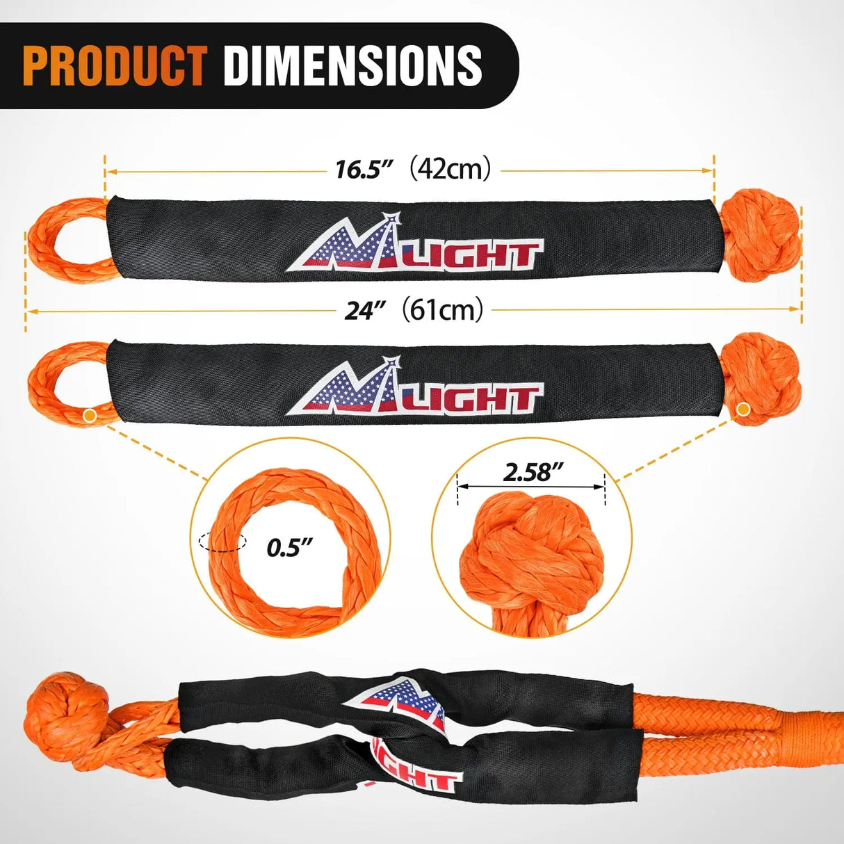 Tie Down Straps 1In x 30FT Kinetic Recovery Rope & 2PCS 1/2In x 24In Soft Shackle