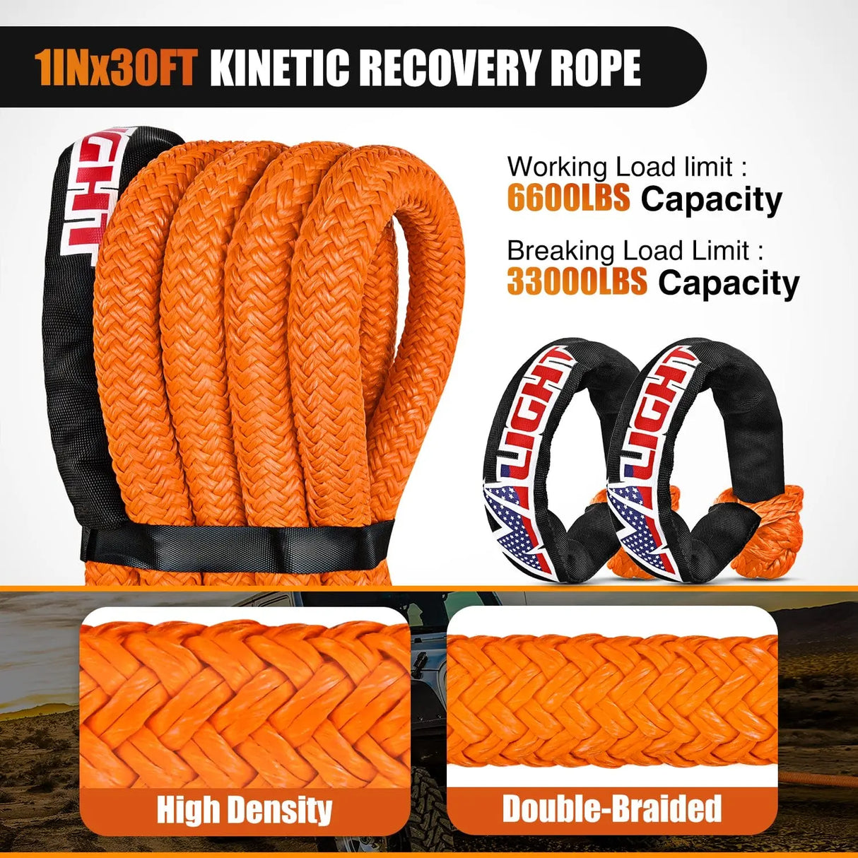 Tie Down Straps 1In x 30FT Kinetic Recovery Rope & 2PCS 1/2In x 24In Soft Shackle