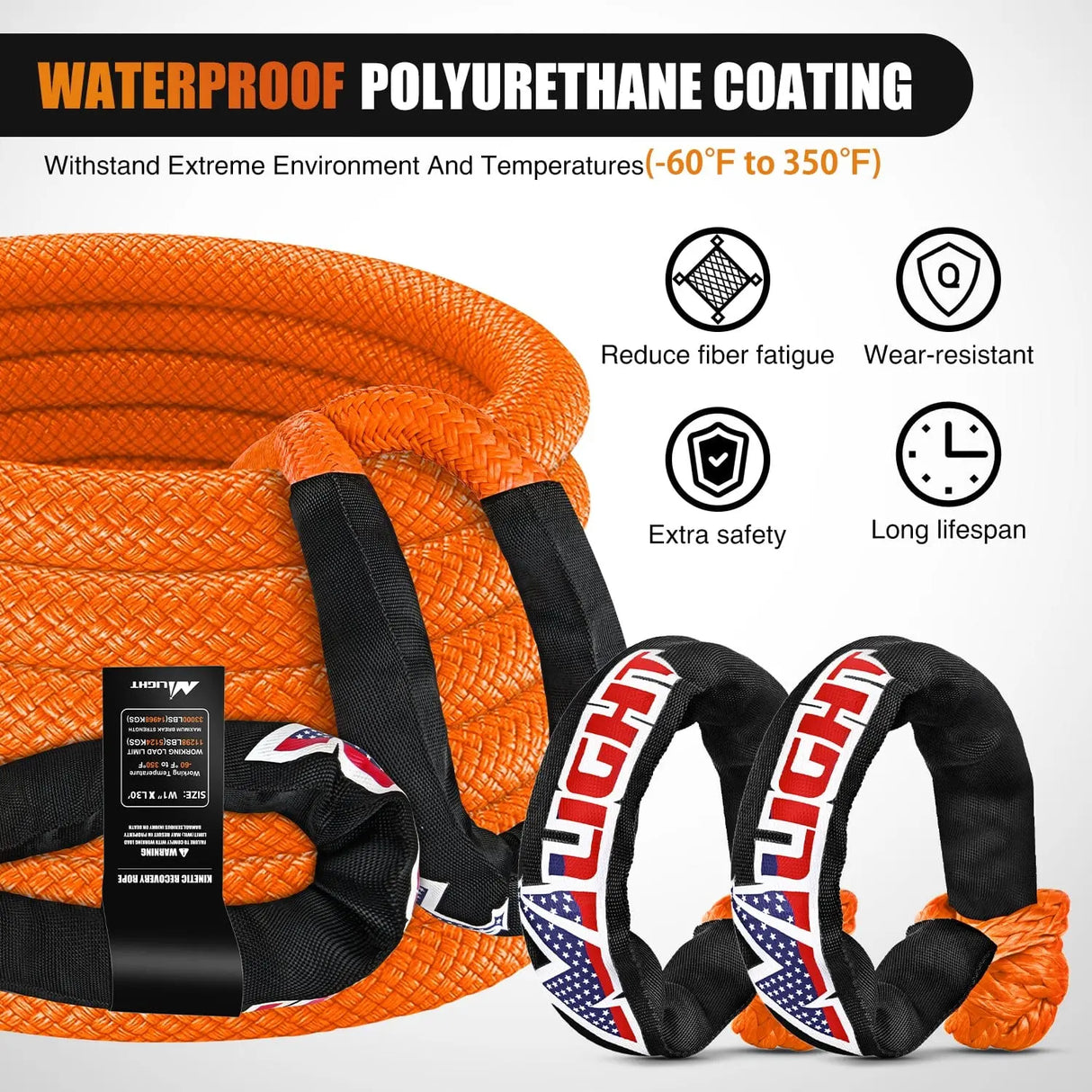 Tie Down Straps 1In x 30FT Kinetic Recovery Rope & 2PCS 1/2In x 24In Soft Shackle