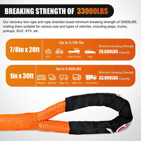Tie Down Straps 1In x 30FT Kinetic Recovery Rope & 2PCS 1/2In x 24In Soft Shackle