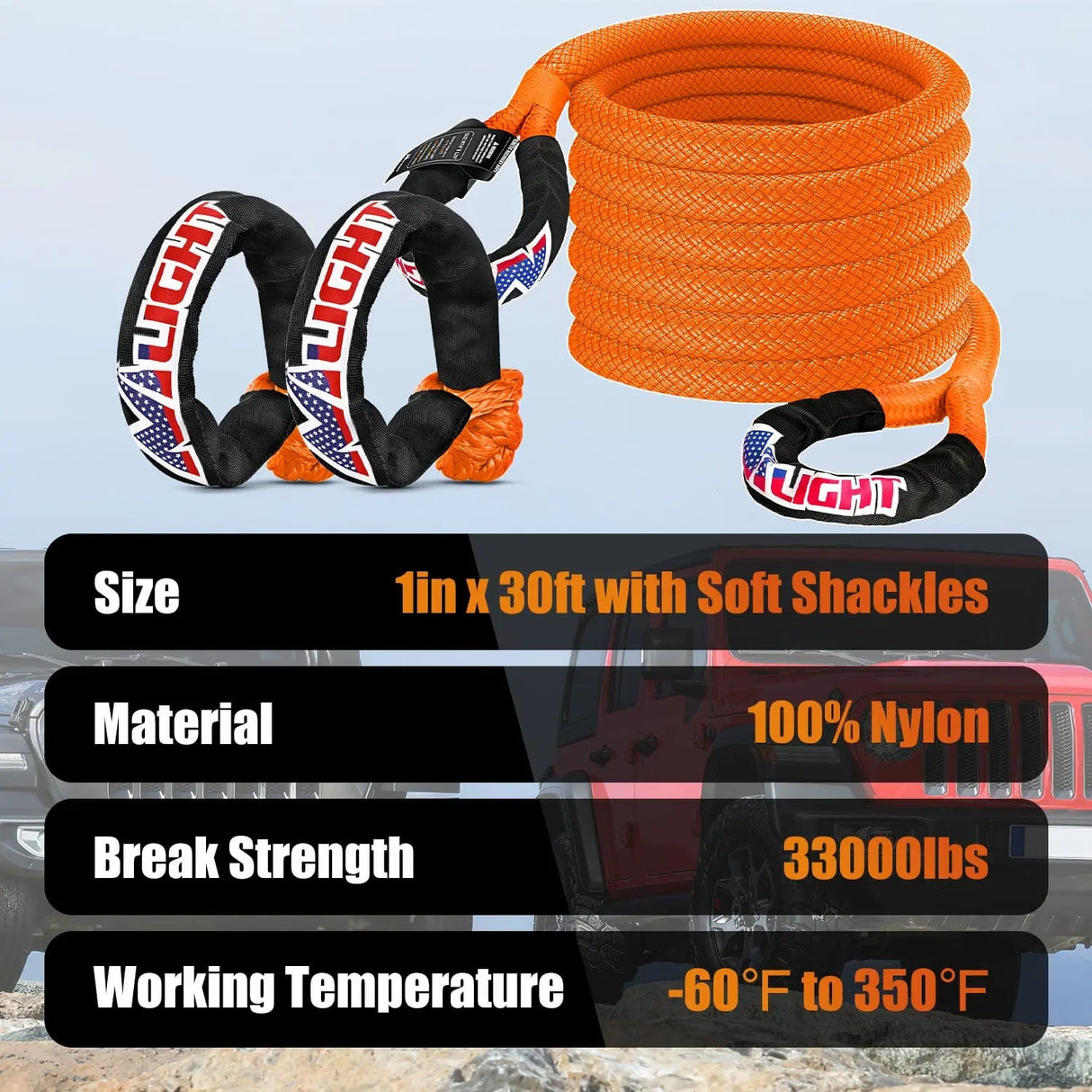 Tie Down Straps 1In x 30FT Kinetic Recovery Rope & 2PCS 1/2In x 24In Soft Shackle
