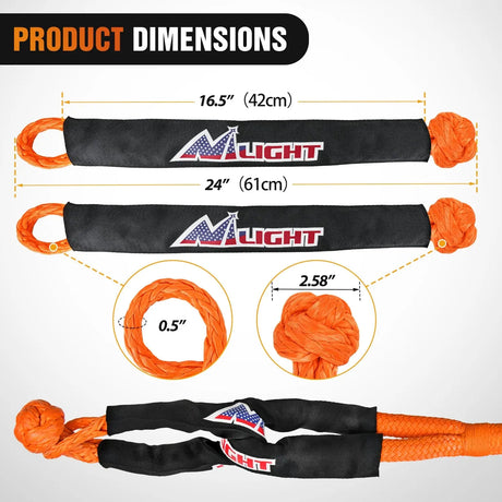 Tie Down Straps 7/8Inch x 20FT Kinetic Recovery Rope & 2PCS 1/2in x 24in Soft Shackle