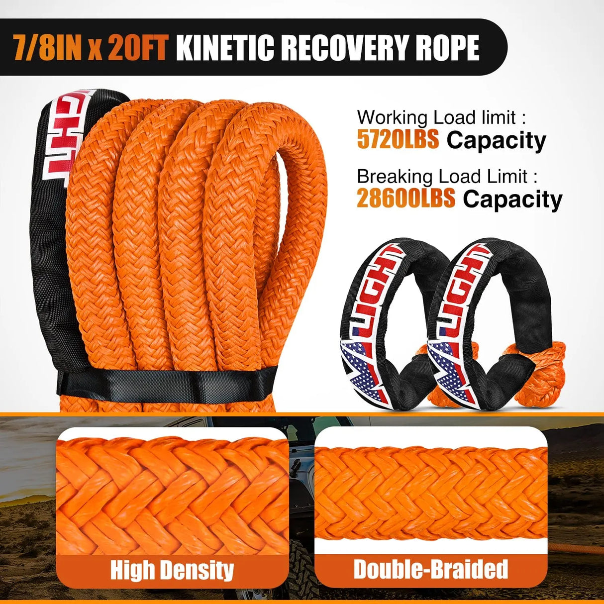 Tie Down Straps 7/8Inch x 20FT Kinetic Recovery Rope & 2PCS 1/2in x 24in Soft Shackle