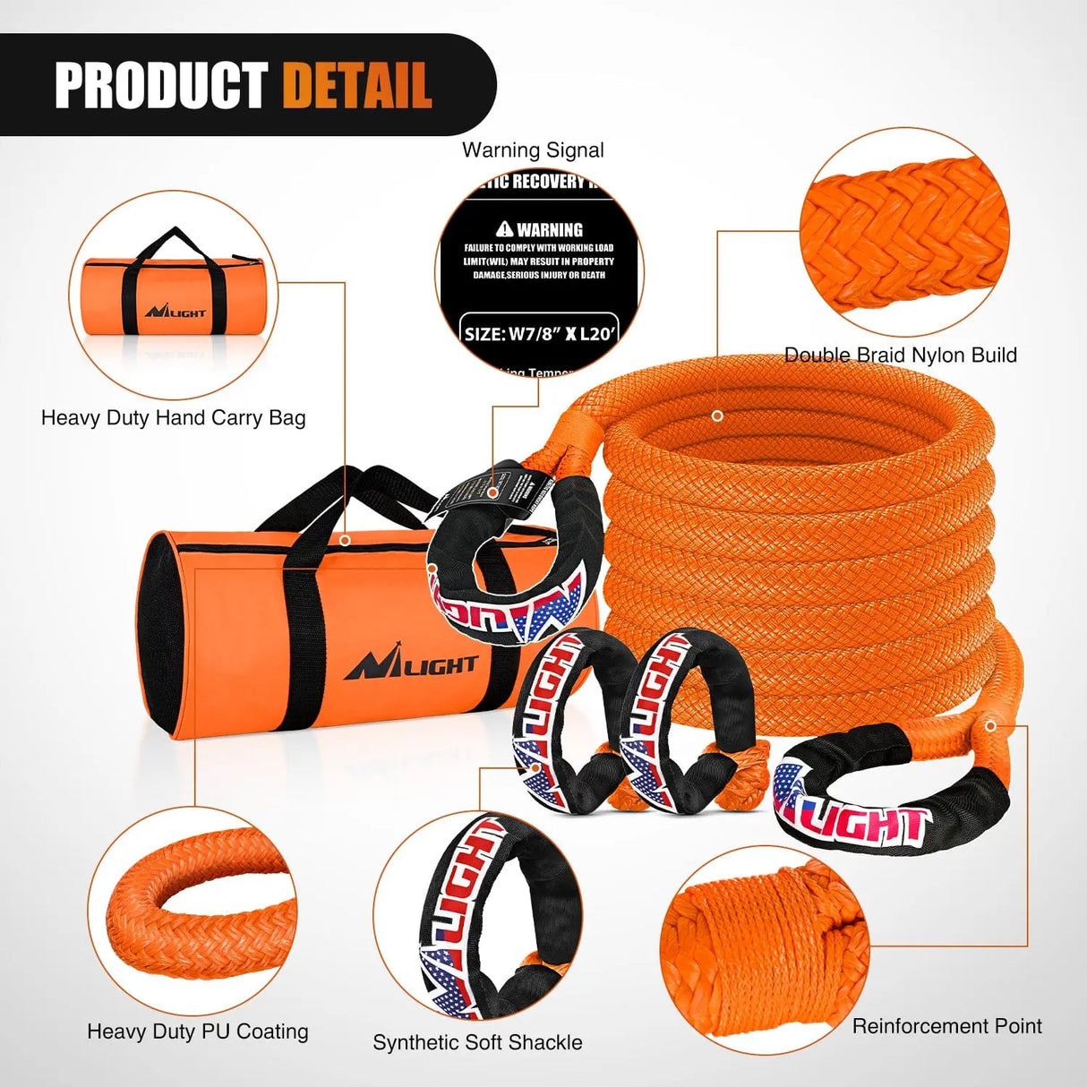 Tie Down Straps 7/8Inch x 20FT Kinetic Recovery Rope & 2PCS 1/2in x 24in Soft Shackle