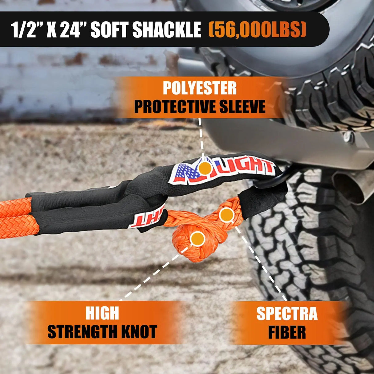 Tie Down Straps 7/8Inch x 20FT Kinetic Recovery Rope & 2PCS 1/2in x 24in Soft Shackle