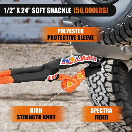 Tie Down Straps 7/8Inch x 20FT Kinetic Recovery Rope & 2PCS 1/2in x 24in Soft Shackle