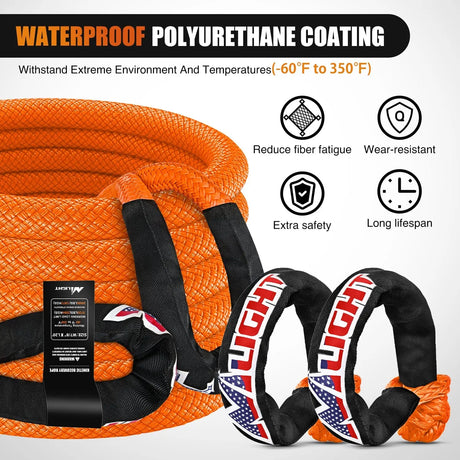 Tie Down Straps 7/8Inch x 20FT Kinetic Recovery Rope & 2PCS 1/2in x 24in Soft Shackle