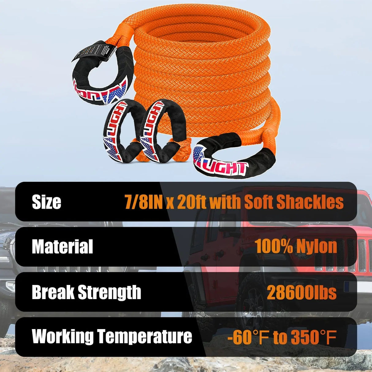 Tie Down Straps 7/8Inch x 20FT Kinetic Recovery Rope & 2PCS 1/2in x 24in Soft Shackle