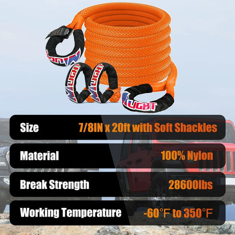 Tie Down Straps 7/8Inch x 20FT Kinetic Recovery Rope & 2PCS 1/2in x 24in Soft Shackle