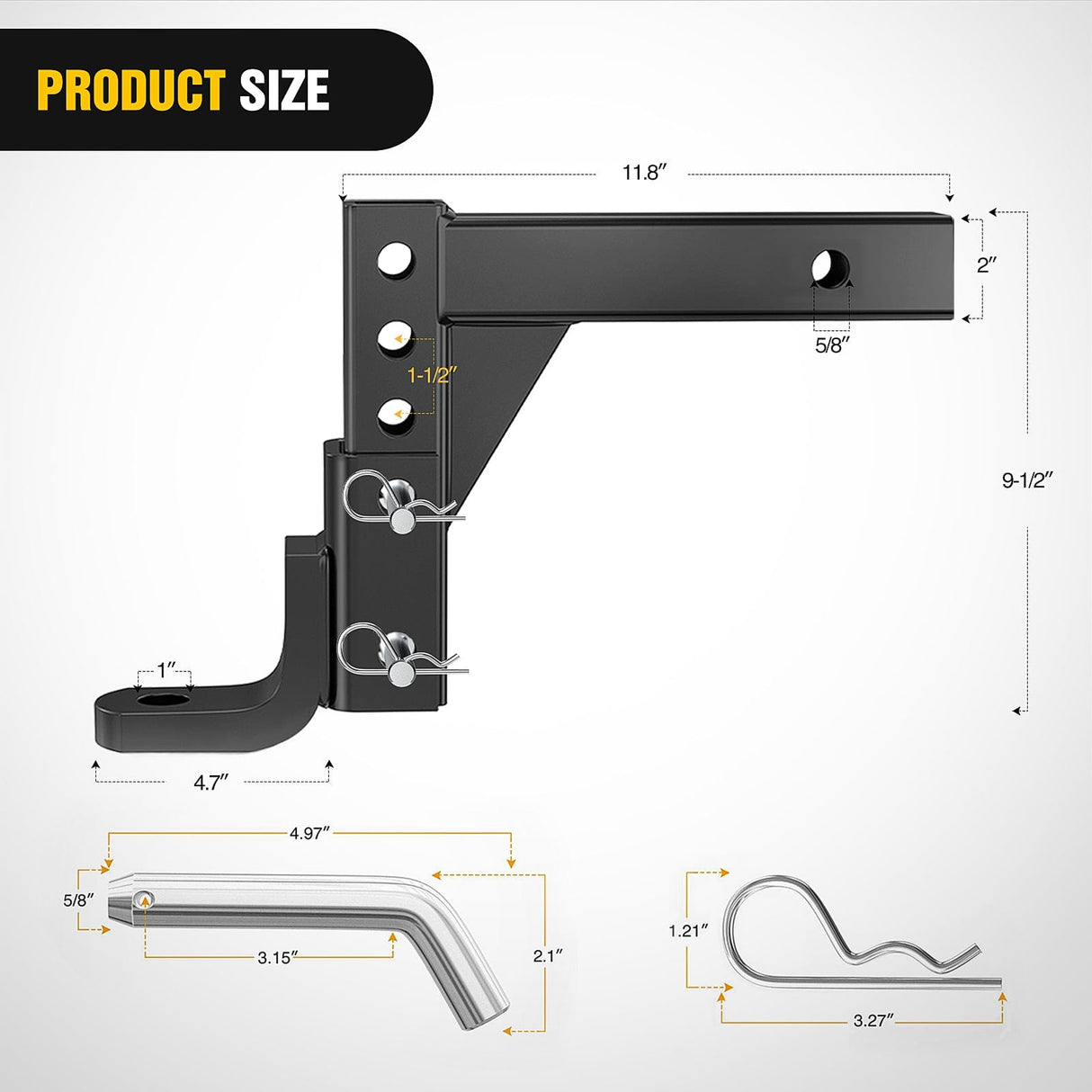 Trailer Hitch 8-Position Adjustable Trailer Hitch Ball Mount Fits 2In Receiver 5/8in Pin Lock 7500 lbs 9-1/2in Drop 8-1/4in Rise 1in Hole Hitch