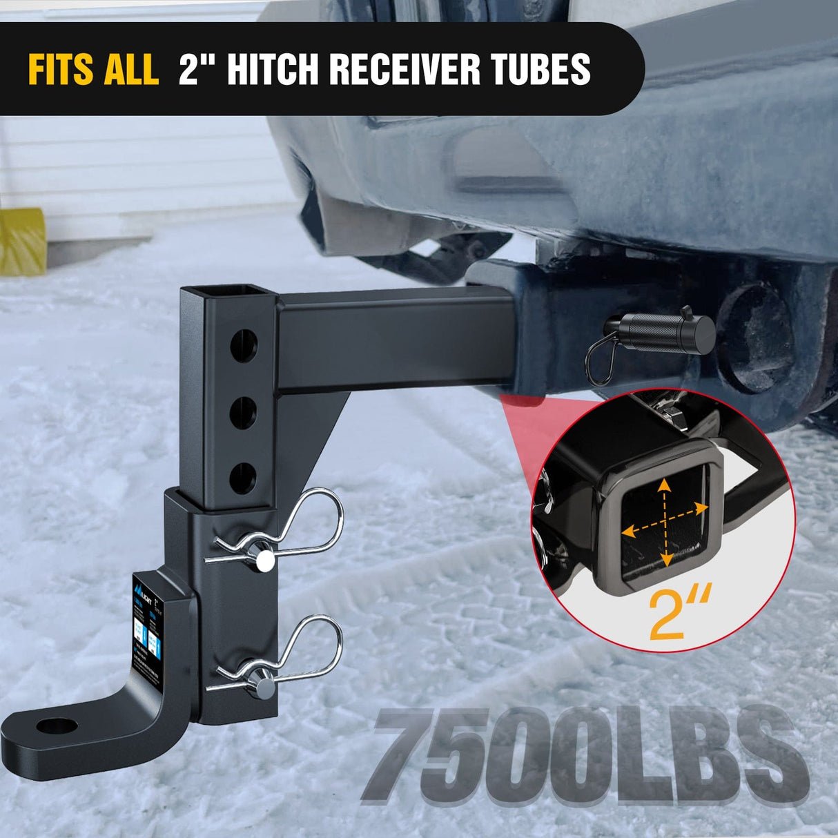 Trailer Hitch 8-Position Adjustable Trailer Hitch Ball Mount Fits 2In Receiver 5/8in Pin Lock 7500 lbs 9-1/2in Drop 8-1/4in Rise 1in Hole Hitch