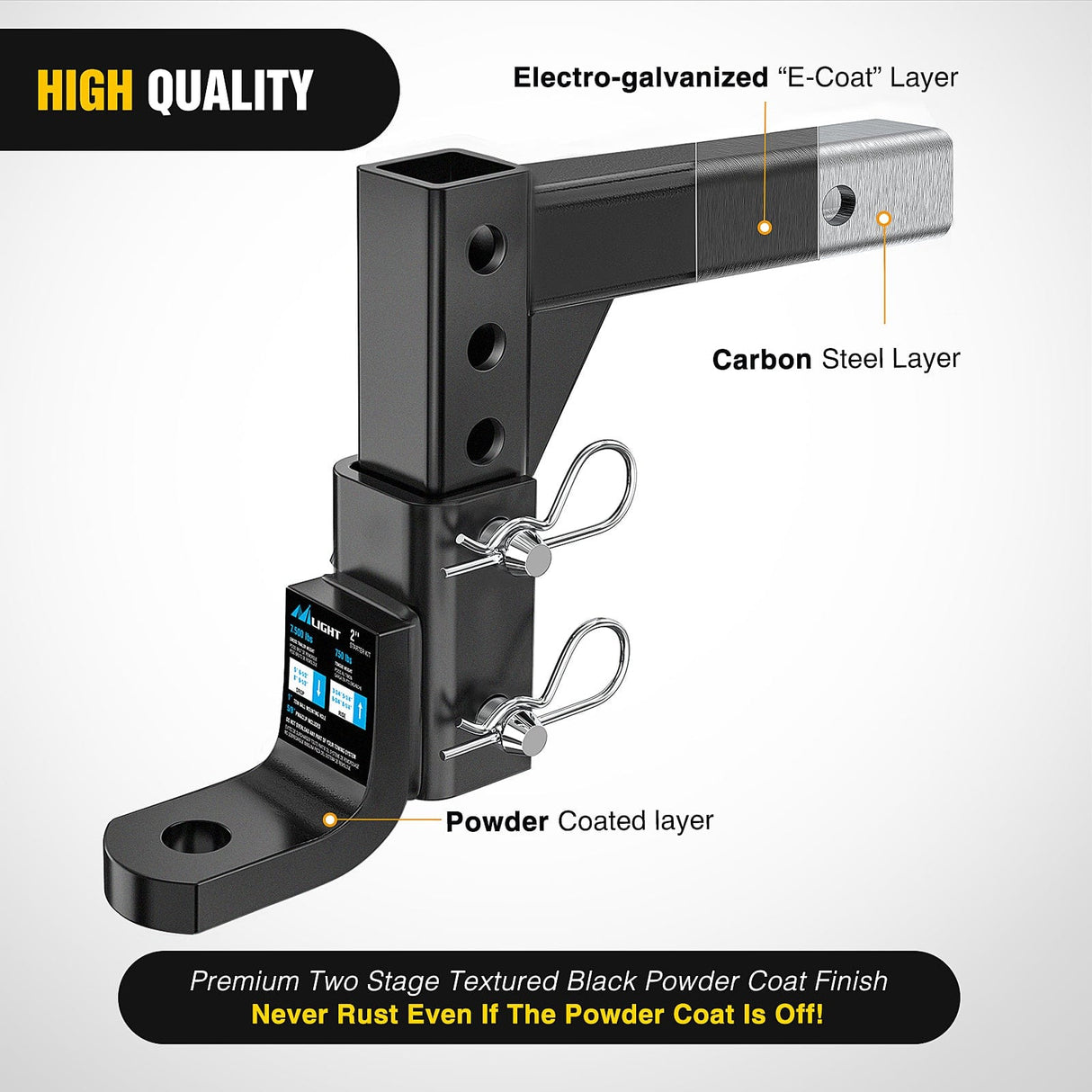Trailer Hitch 8-Position Adjustable Trailer Hitch Ball Mount Fits 2In Receiver 5/8in Pin Lock 7500 lbs 9-1/2in Drop 8-1/4in Rise 1in Hole Hitch