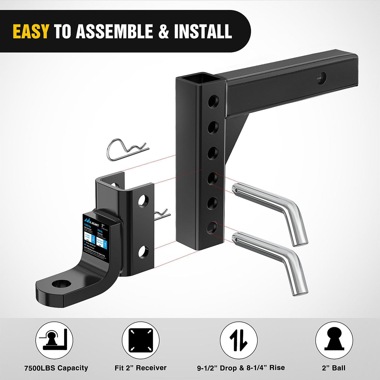 Trailer Hitch 8-Position Adjustable Trailer Hitch Ball Mount Fits 2In Receiver 5/8in Pin Lock 7500 lbs 9-1/2in Drop 8-1/4in Rise 1in Hole Hitch