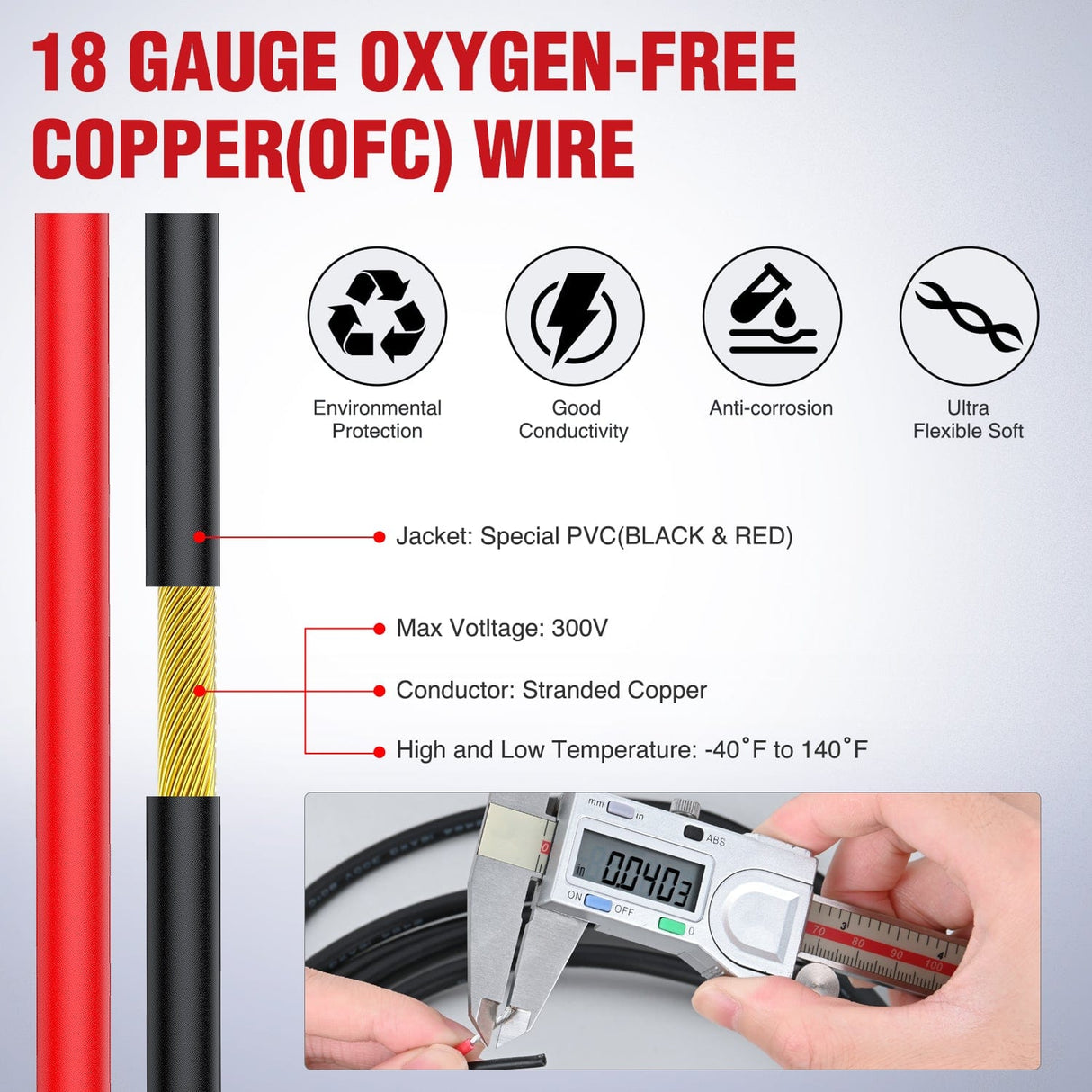 Wiring Harness Kit 50FT 18AWG Oxygen-Free Copper Wire Red Black Electrical Wire Stranded PVC Cord 2 Conductor Parallel 300V DC Flexible Extension Cords