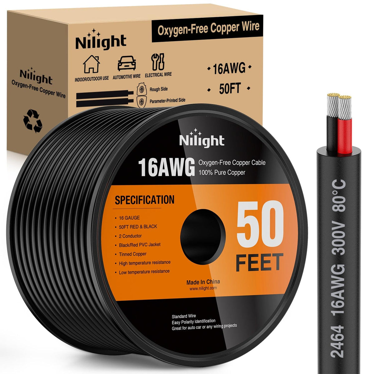 Câble Cuivre Sans Oxygène 16 AWG 3 Conducteurs - 50 Pieds - Pour LED & Auto