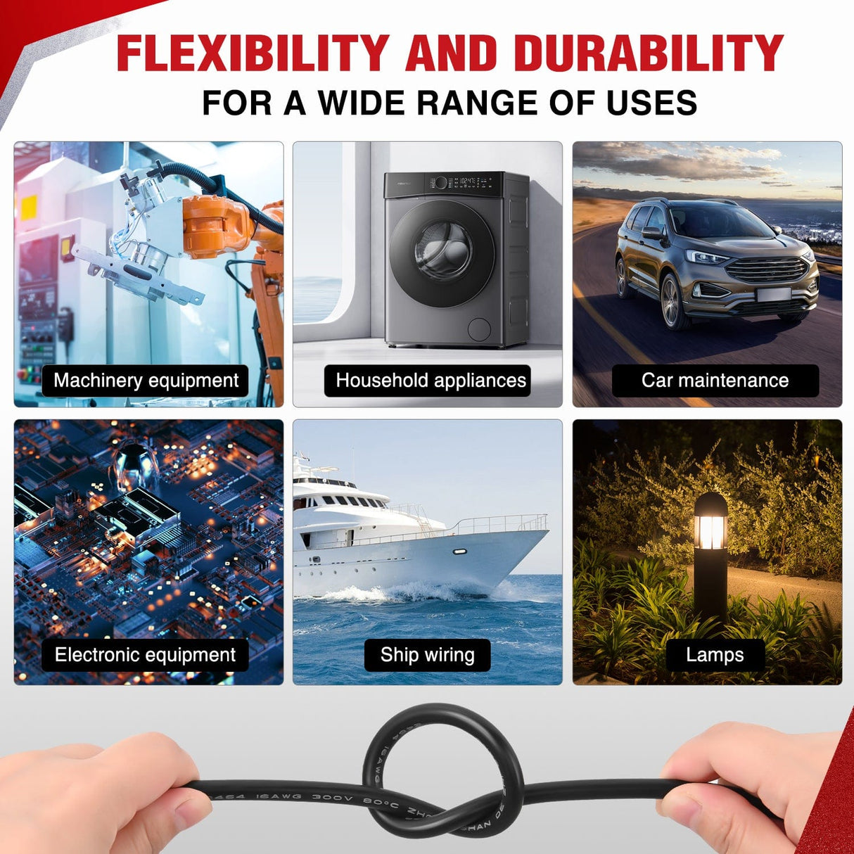 Wiring Harness Kit 50FT 16AWG Oxygen-Free Copper Wire Red Black Electrical Wire Stranded PVC Cord 2 Conductor Parallel 300V DC Flexible Extension Cords