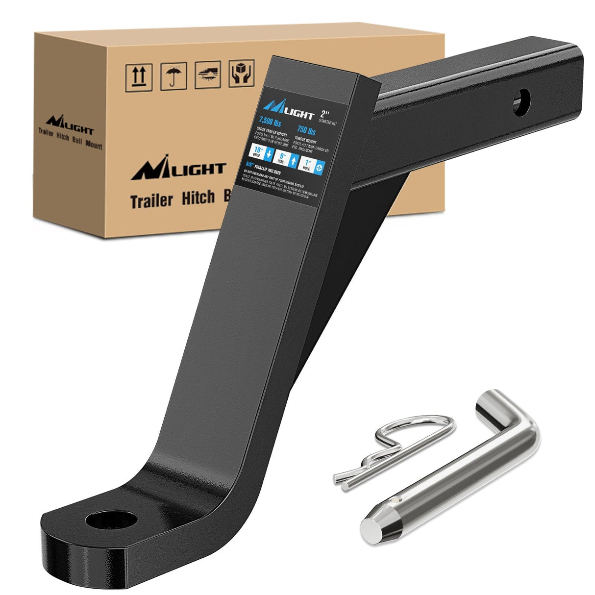 Trailer Hitch Trailer Hitch Ball Mount with 5/8" Hitch Pin Clip Fits 2 Inch Receiver Square 7500 lbs 10" Drop 9” Rise 1” Hole Gloss Black Powder Coat