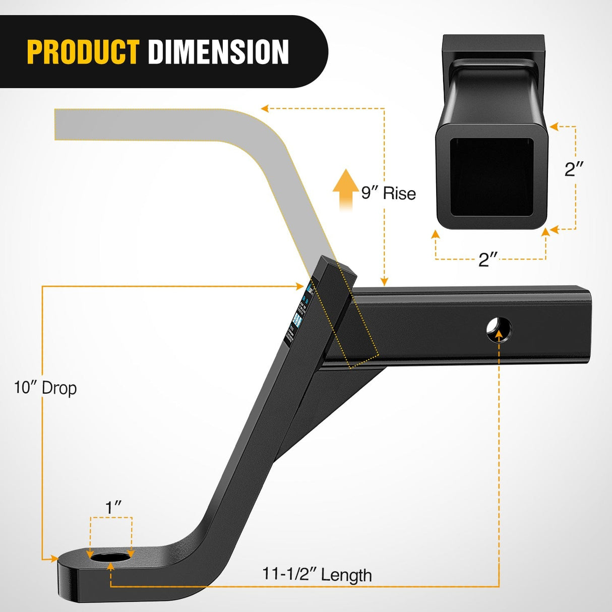 Trailer Hitch Trailer Hitch Ball Mount with 5/8" Hitch Pin Clip Fits 2 Inch Receiver Square 7500 lbs 10" Drop 9” Rise 1” Hole Gloss Black Powder Coat