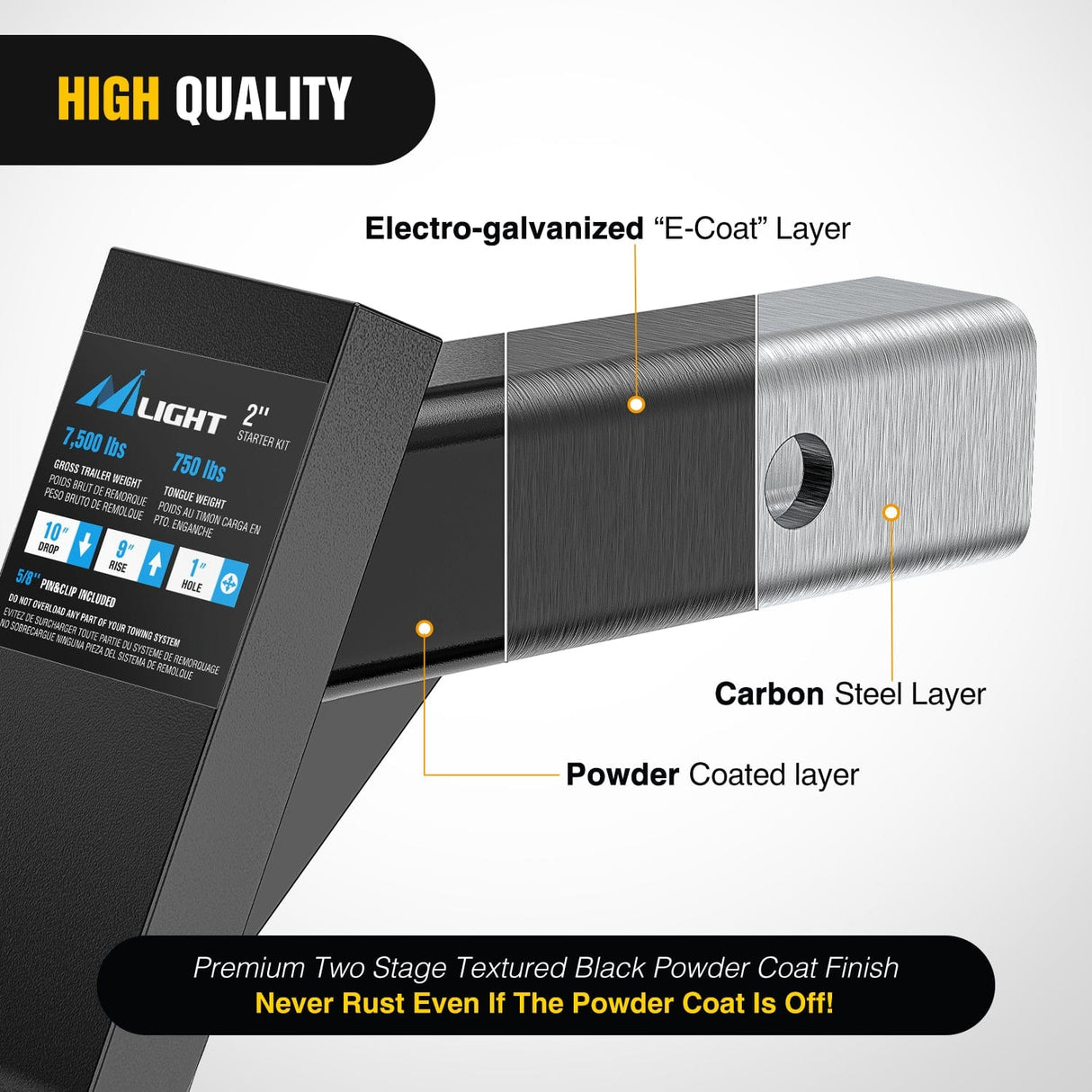 Trailer Hitch Trailer Hitch Ball Mount with 5/8" Hitch Pin Clip Fits 2 Inch Receiver Square 7500 lbs 10" Drop 9” Rise 1” Hole Gloss Black Powder Coat