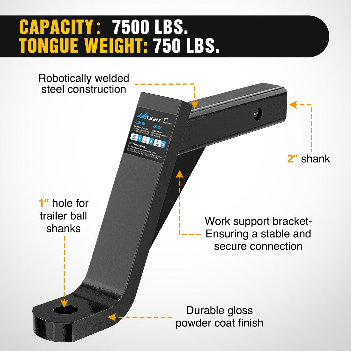 Trailer Hitch Trailer Hitch Ball Mount with 5/8" Hitch Pin Clip Fits 2 Inch Receiver Square 7500 lbs 10" Drop 9” Rise 1” Hole Gloss Black Powder Coat