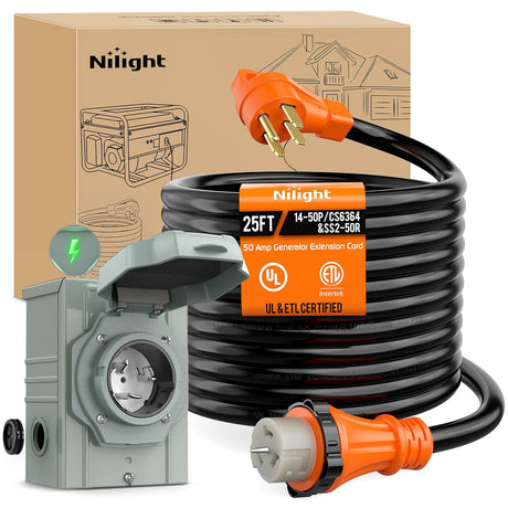 RV Parts 50A 25FT Generator Extension Cord and Power Inlet Box 125/250V Heavy Duty 6/3+8/1 Gauge STW ETL Listed NEMA 14-50P/SS2-50R Twist Lock Connector for RV Outdoor Use