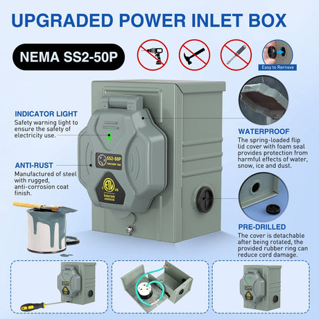 RV Parts 50A 15FT Generator Extension Cord and Power Inlet Box 125/250V Heavy Duty 6/3+8/1 Gauge STW ETL Listed NEMA 14-50P/SS2-50R Twist Lock Connector for RV Outdoor Use