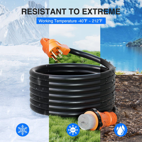 RV Parts 50A 15FT Generator Extension Cord and Power Inlet Box 125/250V Heavy Duty 6/3+8/1 Gauge STW ETL Listed NEMA 14-50P/SS2-50R Twist Lock Connector for RV Outdoor Use