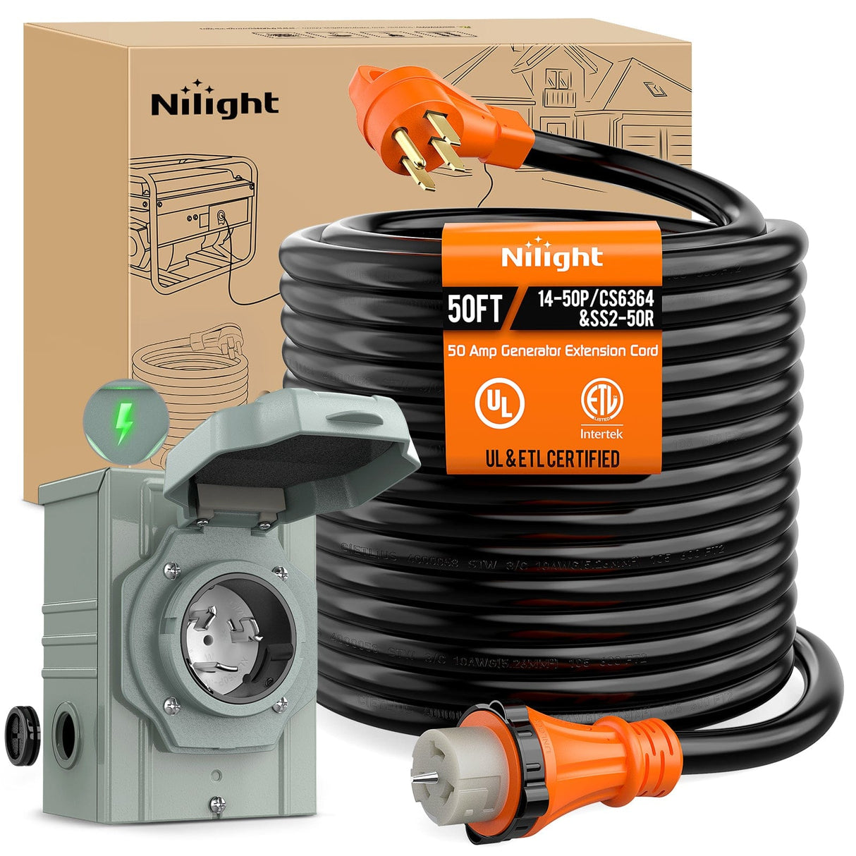 RV Parts 50A 50FT Generator Extension Cord and Power Inlet Box 125/250V Heavy Duty 6/3+8/1 Gauge STW ETL Listed NEMA 14-50P/SS2-50R Twist Lock Connector for RV