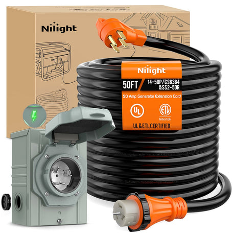 RV Parts 50A 50FT Generator Extension Cord and Power Inlet Box 125/250V Heavy Duty 6/3+8/1 Gauge STW ETL Listed NEMA 14-50P/SS2-50R Twist Lock Connector for RV
