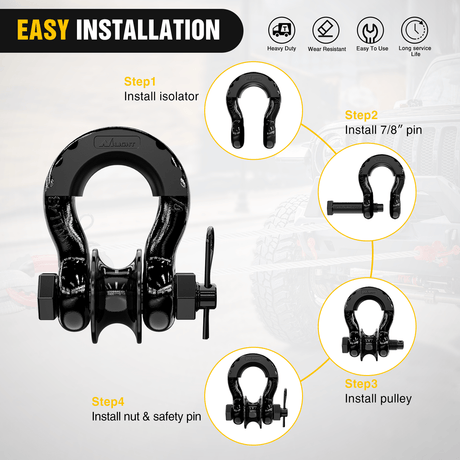Shackle 3/4 inch D-Ring Shackle with Towing Pulley Black (Pair)