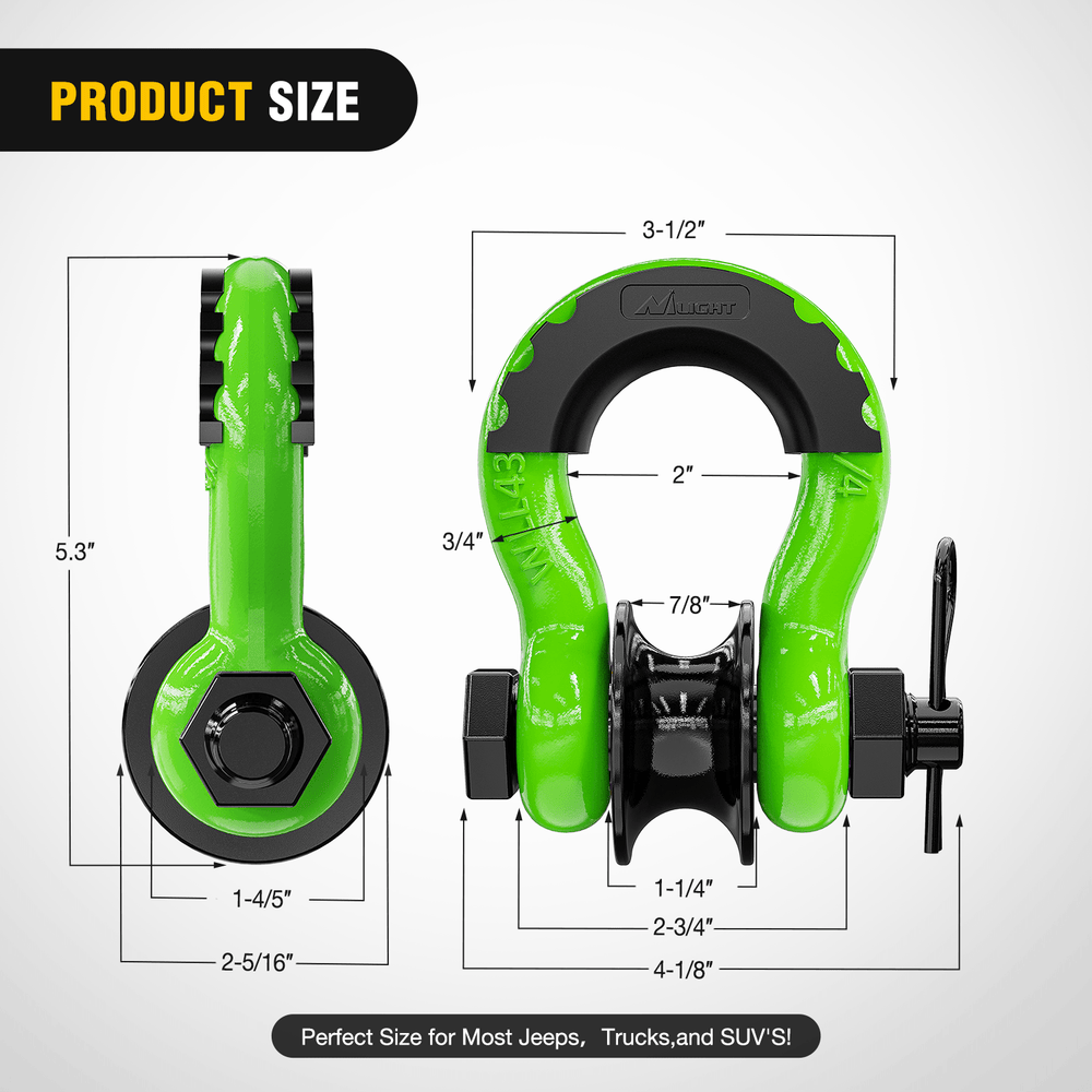 Shackle 3/4 inch D-Ring Shackle with Towing Pulley Green (Pair)