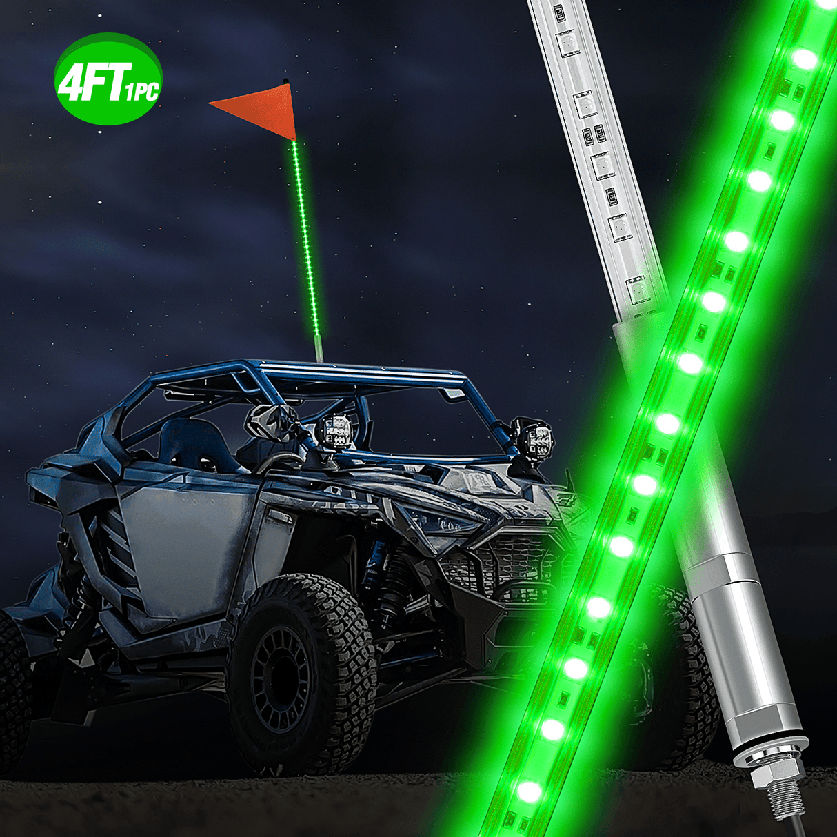 LED Whip Light 4FT LED Whip Light with Aluminum Base Green Color