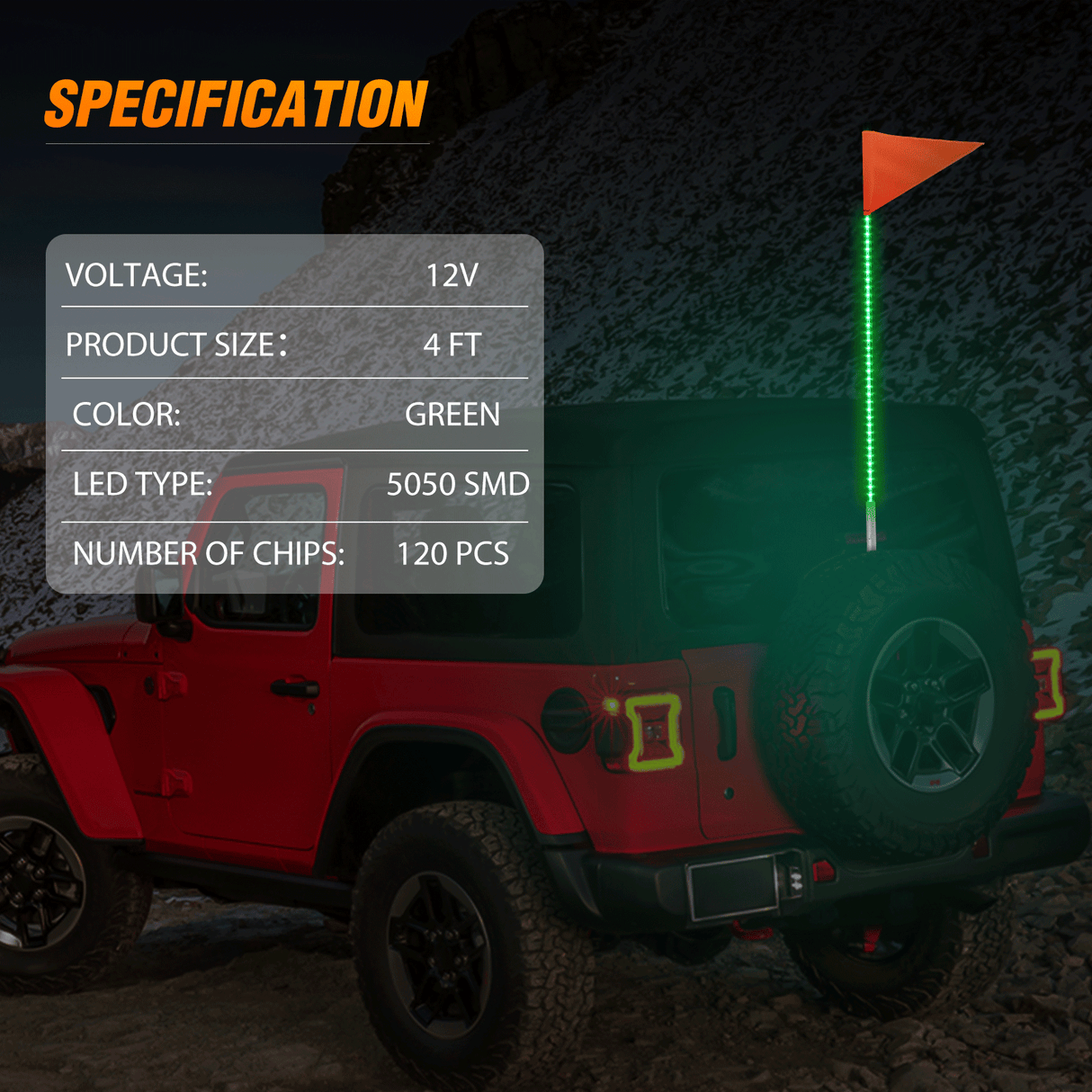 LED Whip Light 4FT LED Whip Light with Aluminum Base Green Color