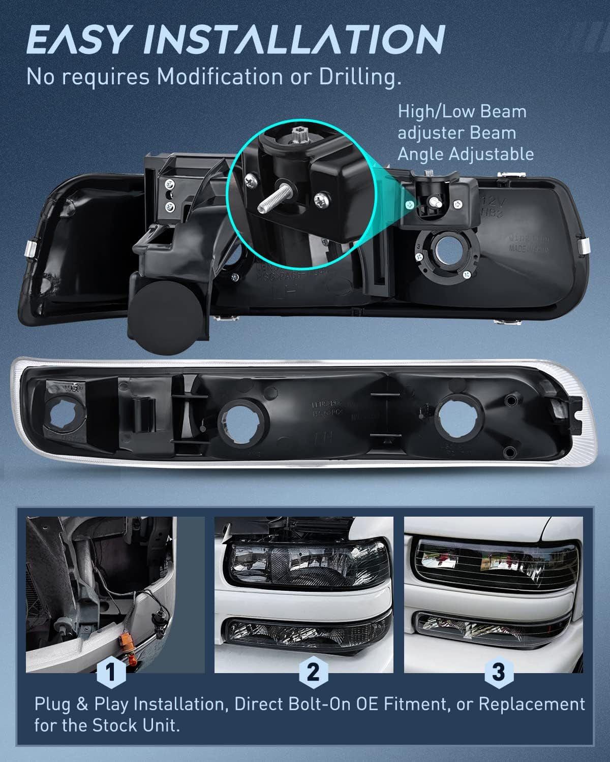 Taillight Assembly Headlight and Taillight Assembly Combo Compatible with 1999 2000 2001 2002 Chevy Silverado 1500 2500 1500HD 2500HD 3500 OE Style Black Housing Amber Reflector Smoke