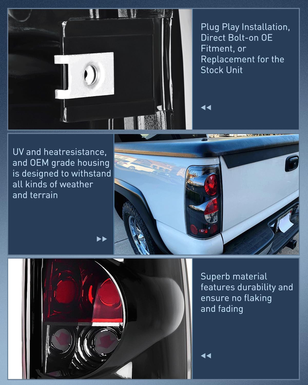 Taillight Assembly Headlight and Taillight Assembly Combo Compatible with 1999 2000 2001 2002 Chevy Silverado 1500 2500 1500HD 2500HD 3500 OE Style Black Housing Amber Reflector Smoke